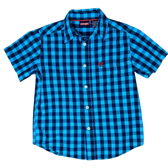 Wrangler Shirt Boy's XS 4/5 Blue Plaid‎ Button Down Short Sleeve Western - Picture 1 of 4